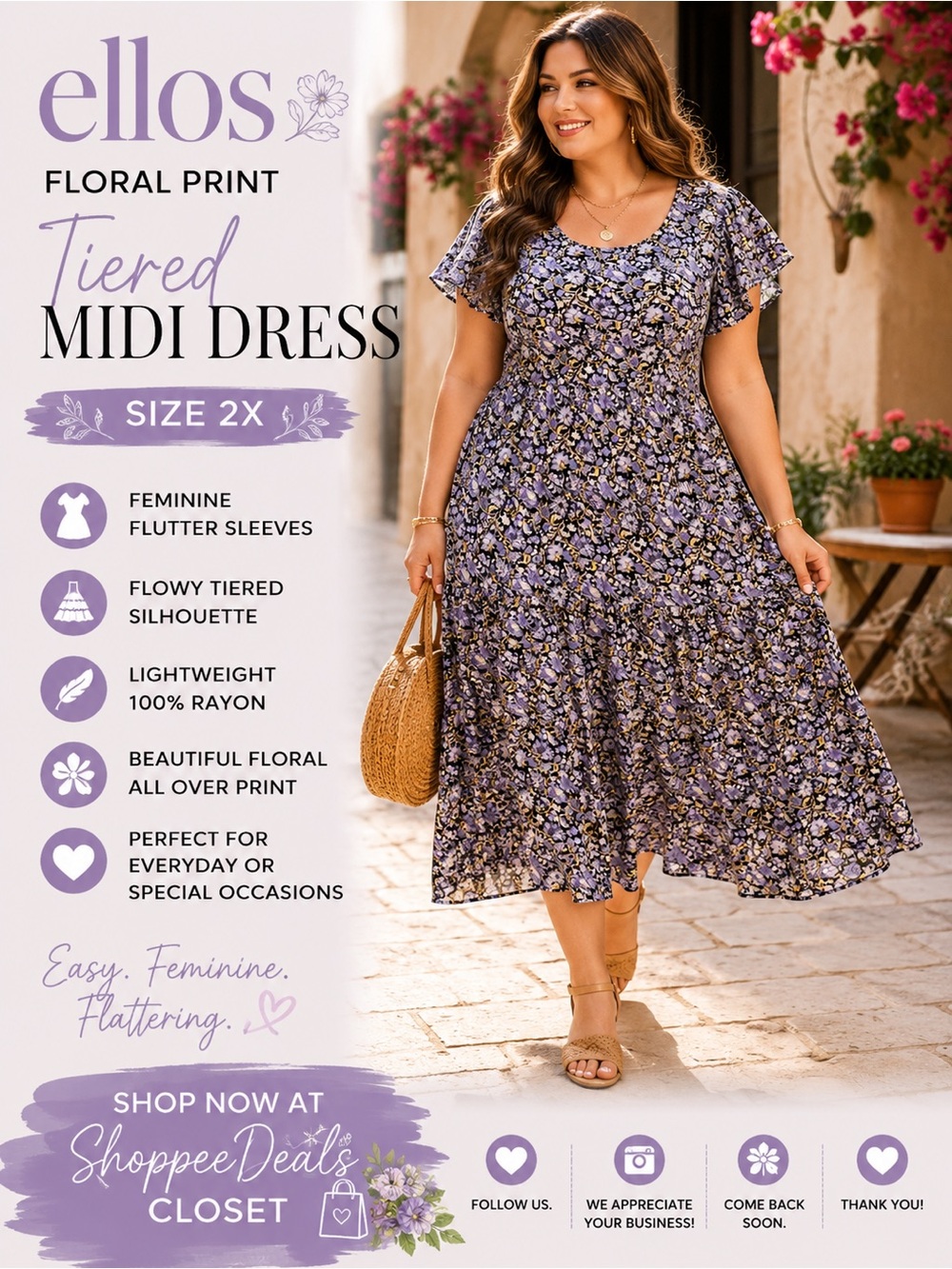 ellos Purple Floral Tiered Midi Dress